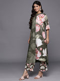 Varanga Women Olive Floral Printed Assymetric Straight Kurta With Printed Bottom