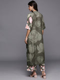 Varanga Women Olive Floral Printed Assymetric Straight Kurta With Printed Bottom