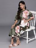 Varanga Women Olive Floral Printed Assymetric Straight Kurta With Printed Bottom