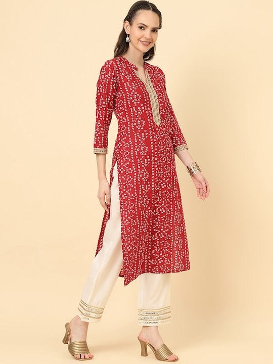 Varanga Women Red Bandhani Print Straight Kurta