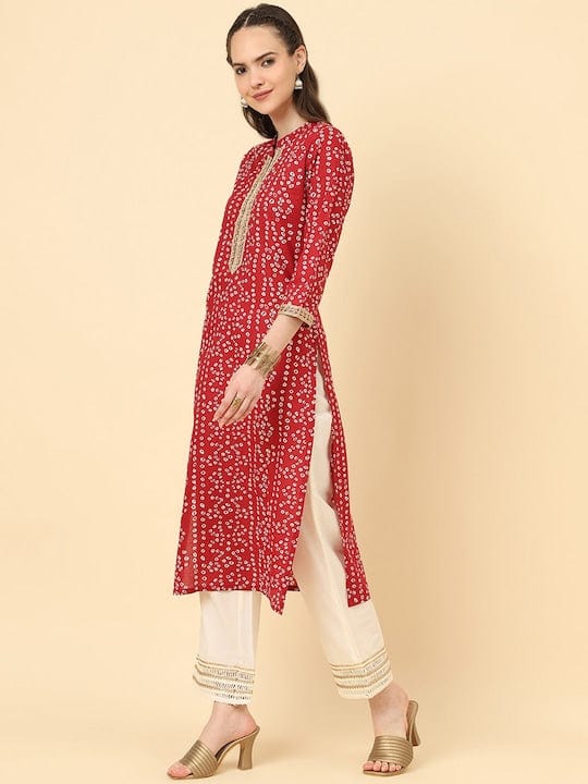 Varanga Women Red Bandhani Print Straight Kurta