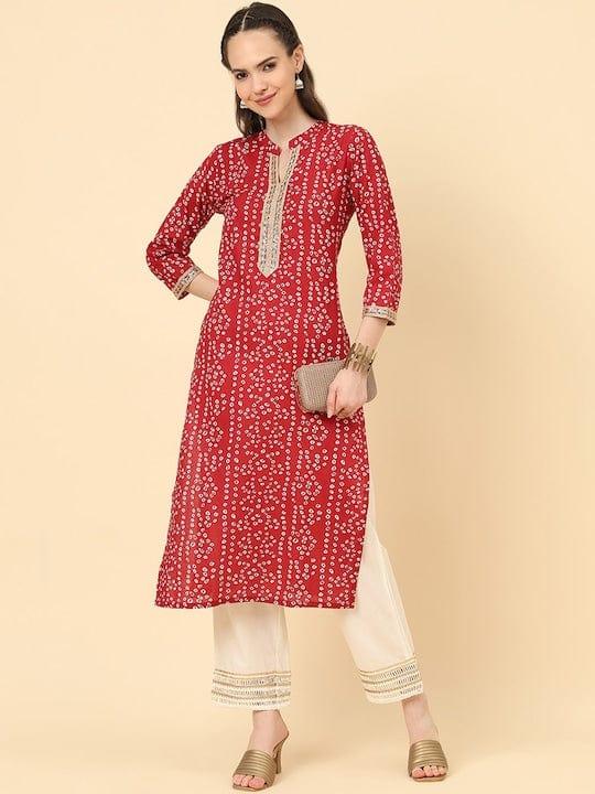 Varanga Women Red Bandhani Print Straight Kurta