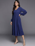 Varanga Women Blue V-Neck Bishop Sleeves Gathered Details A-Line Dress Flared Hem