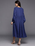 Varanga Women Blue V-Neck Bishop Sleeves Gathered Details A-Line Dress Flared Hem