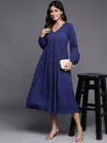 Varanga Women Blue V-Neck Bishop Sleeves Gathered Details A-Line Dress Flared Hem