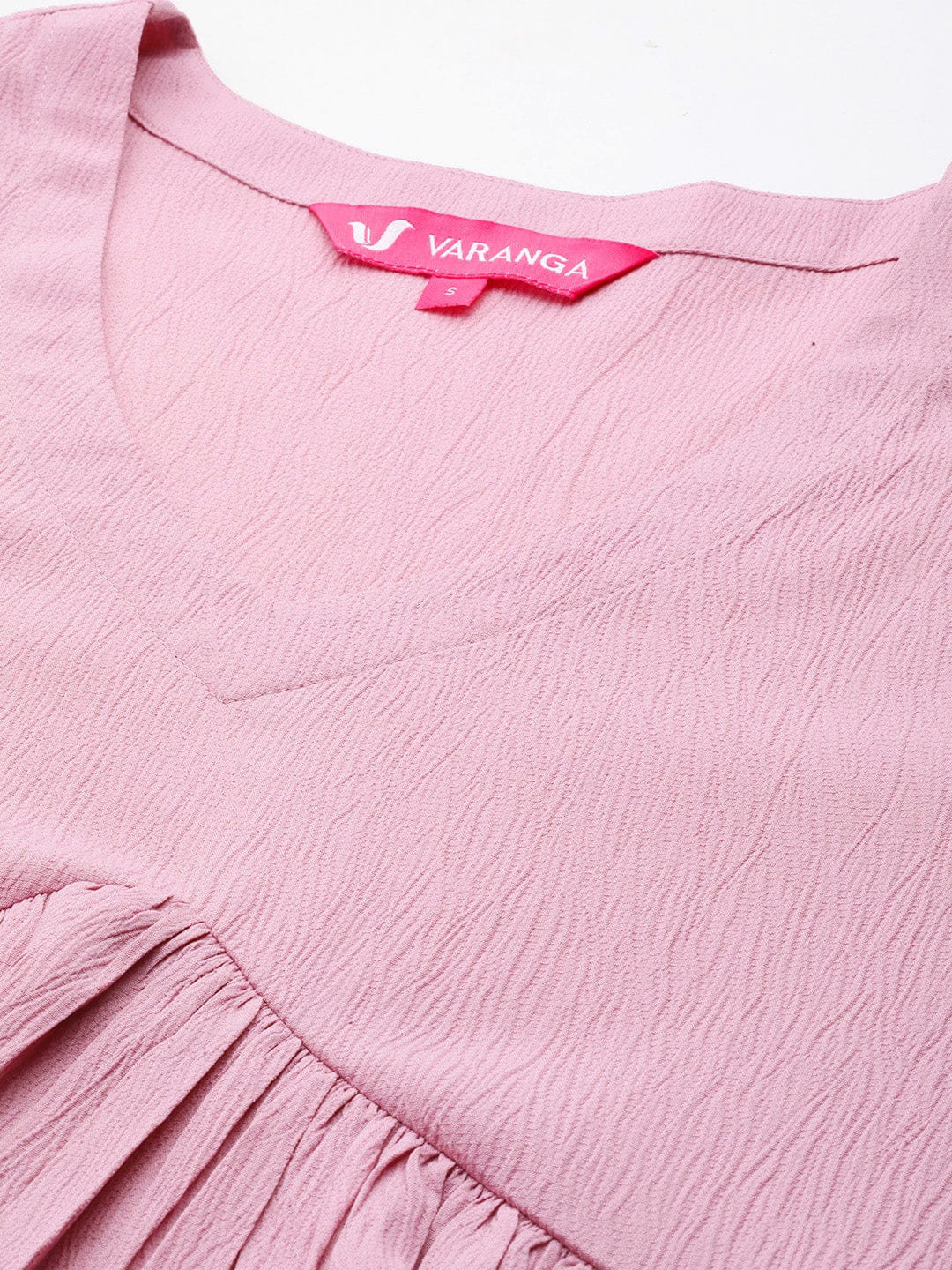 Varanga Women Pink V-Neck Bishop Sleeves Calf Length A-Line Dress Flared Hem