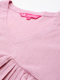 Varanga Women Pink V-Neck Bishop Sleeves Calf Length A-Line Dress Flared Hem