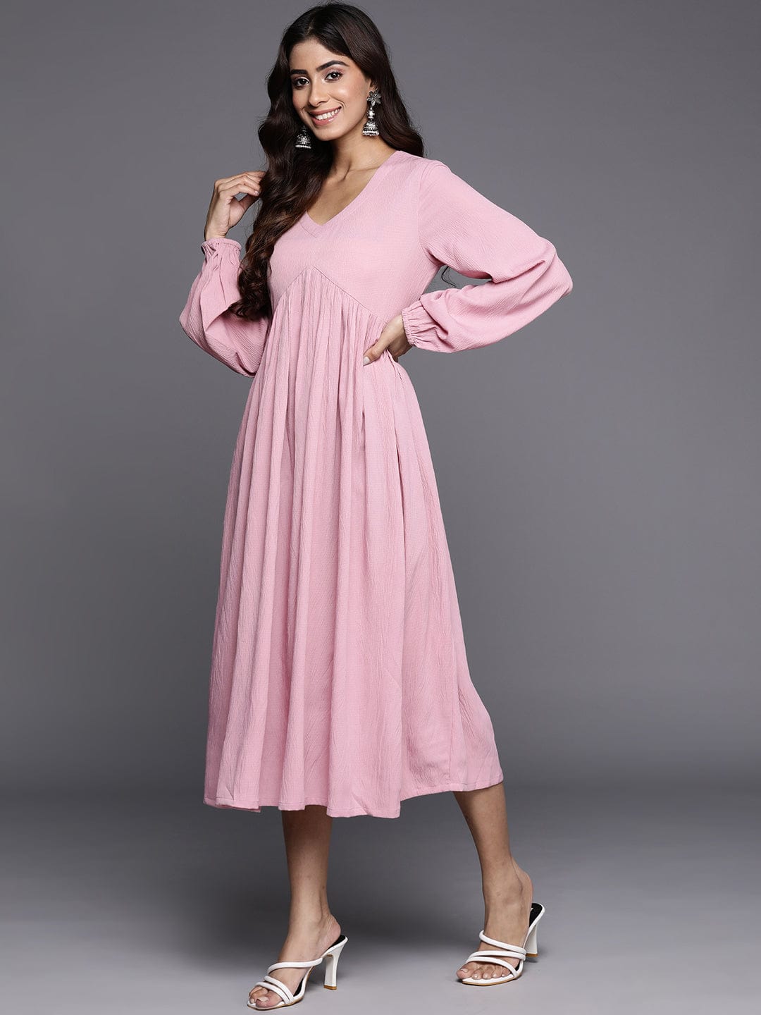 Varanga Women Pink V-Neck Bishop Sleeves Calf Length A-Line Dress Flared Hem