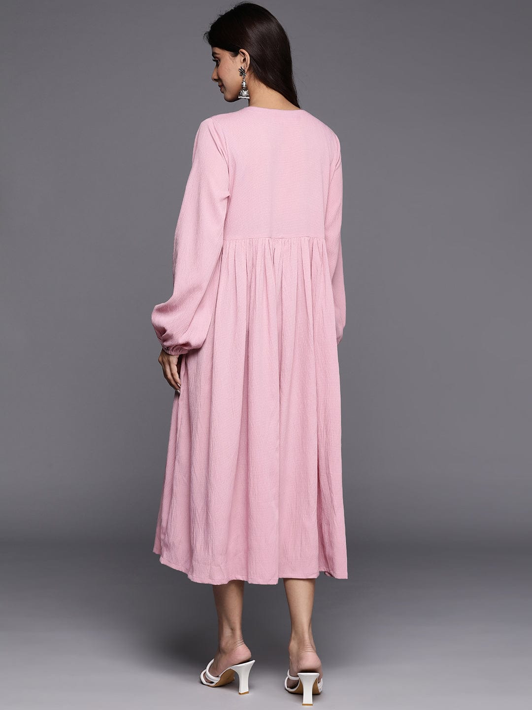 Varanga Women Pink V-Neck Bishop Sleeves Calf Length A-Line Dress Flared Hem