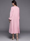 Varanga Women Pink V-Neck Bishop Sleeves Calf Length A-Line Dress Flared Hem