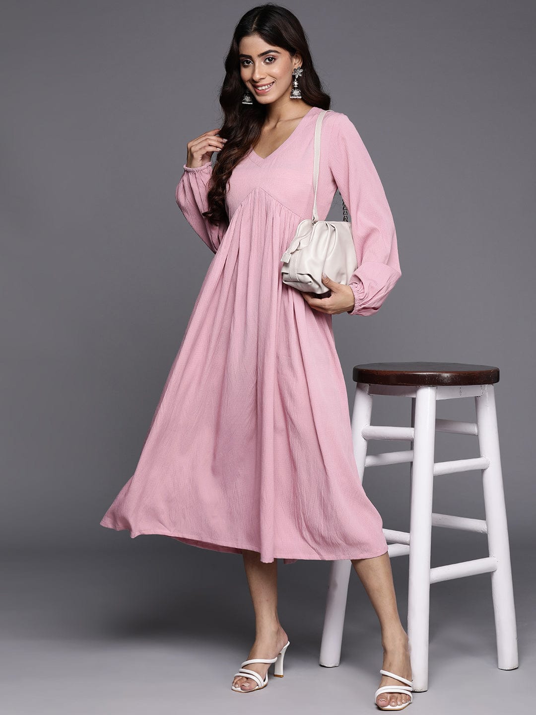 Varanga Women Pink V-Neck Bishop Sleeves Calf Length A-Line Dress Flared Hem
