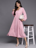 Varanga Women Pink V-Neck Bishop Sleeves Calf Length A-Line Dress Flared Hem