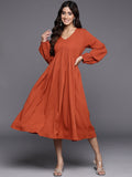 Varanga Women Rust V-Neck Bishop Sleeves Calf Length A-Line Dress Flared Hem