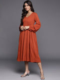 Varanga Women Rust V-Neck Bishop Sleeves Calf Length A-Line Dress Flared Hem