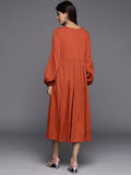 Varanga Women Rust V-Neck Bishop Sleeves Calf Length A-Line Dress Flared Hem