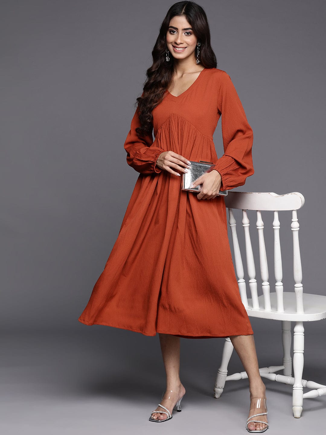Varanga Women Rust V-Neck Bishop Sleeves Calf Length A-Line Dress Flared Hem
