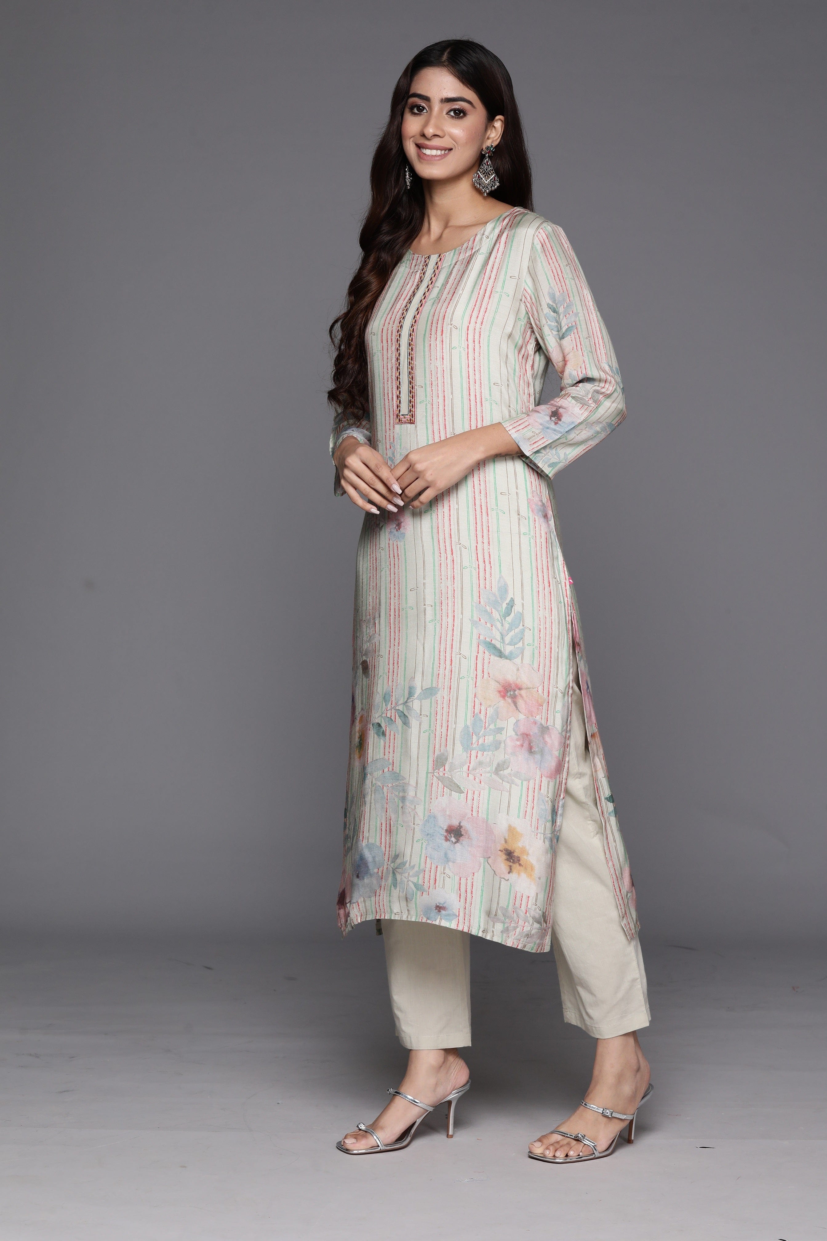 Varanga Women Olive Stripe And Floral Printed Straight Kurta With Bottom And Embroidered Dupatta