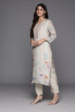 Varanga Women Olive Stripe And Floral Printed Straight Kurta With Bottom And Embroidered Dupatta