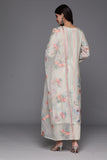 Varanga Women Olive Stripe And Floral Printed Straight Kurta With Bottom And Embroidered Dupatta