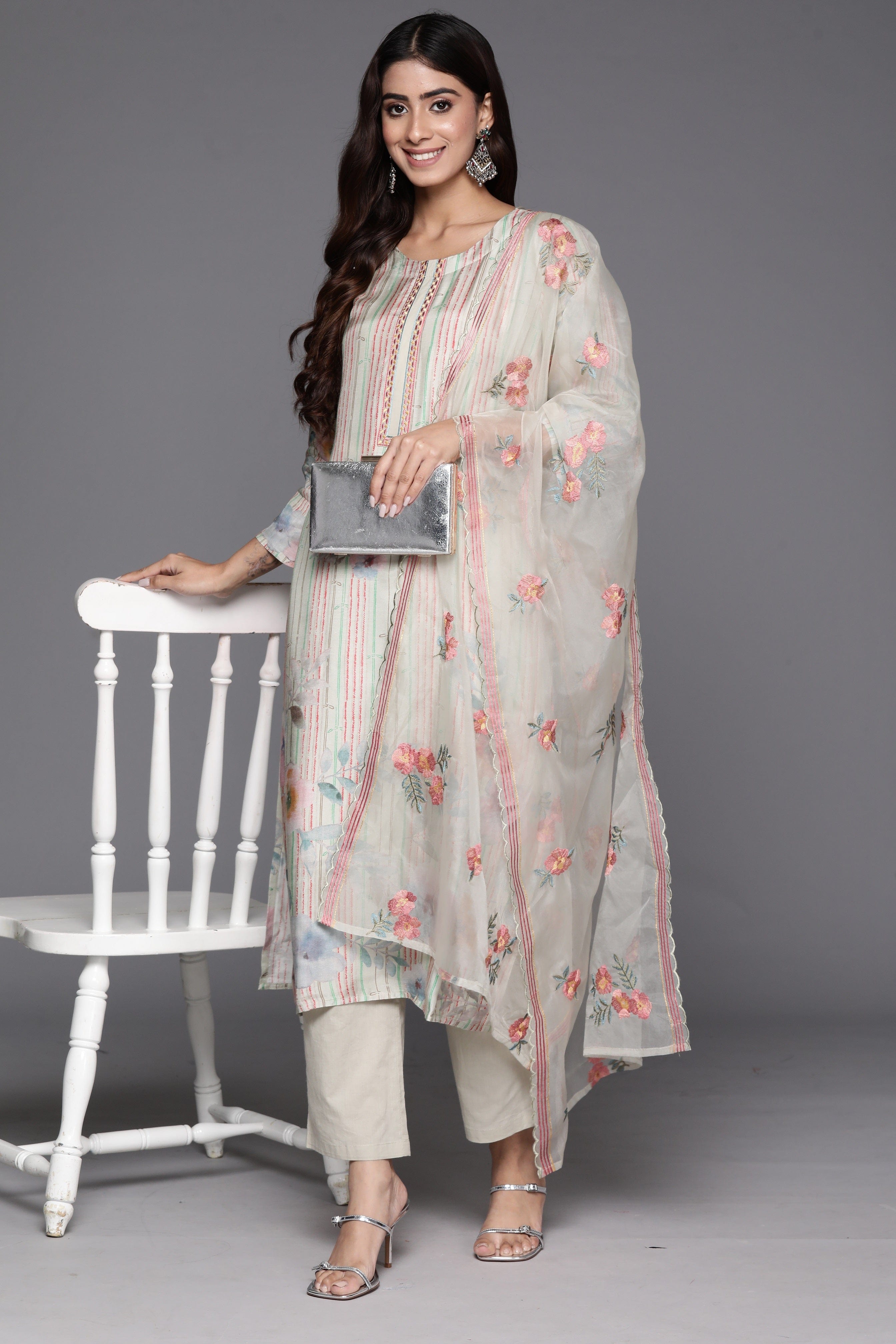 Varanga Women Olive Stripe And Floral Printed Straight Kurta With Bottom And Embroidered Dupatta