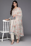Varanga Women Olive Stripe And Floral Printed Straight Kurta With Bottom And Embroidered Dupatta