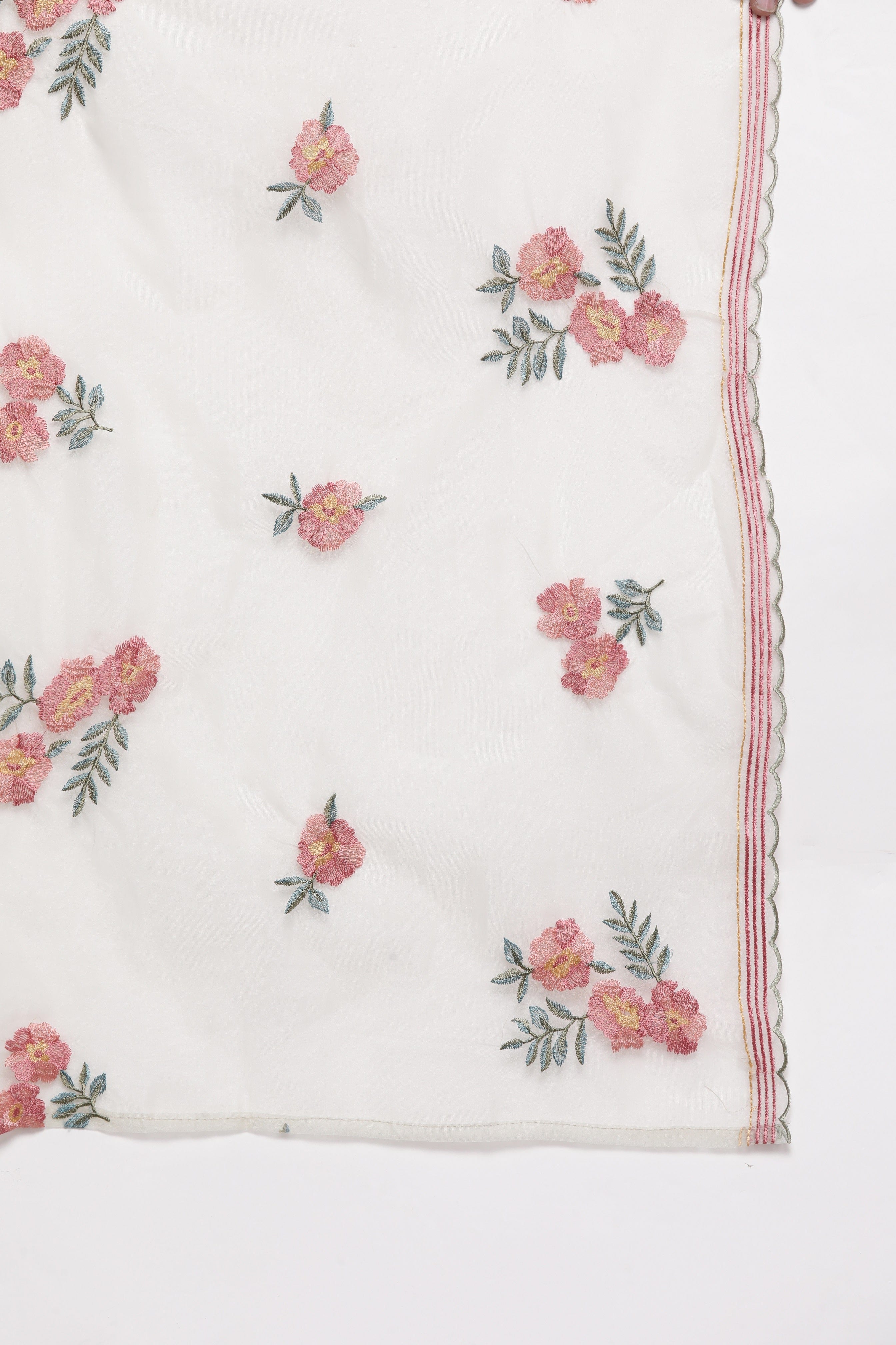 Varanga Women Olive Stripe And Floral Printed Straight Kurta With Bottom And Embroidered Dupatta