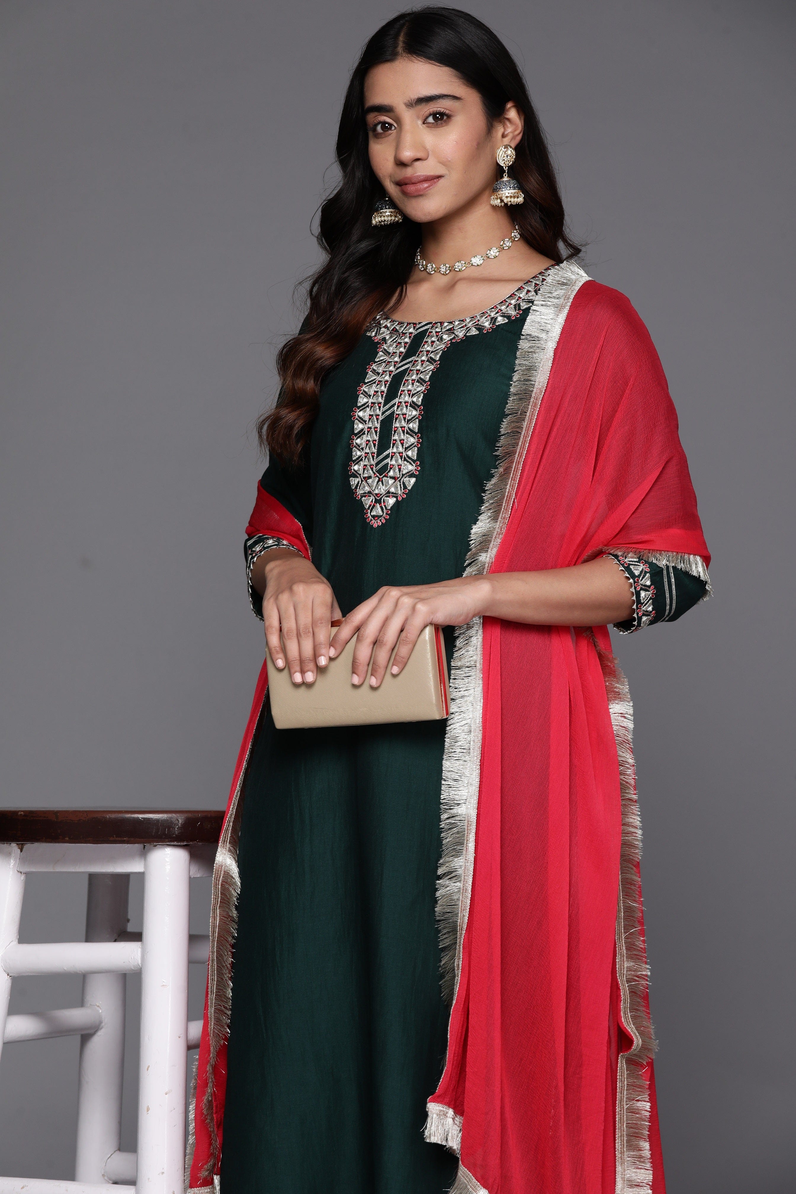 Varanga Women Green Mirror Embellished Straight Kurta With Bottom And Contrast Dupatta