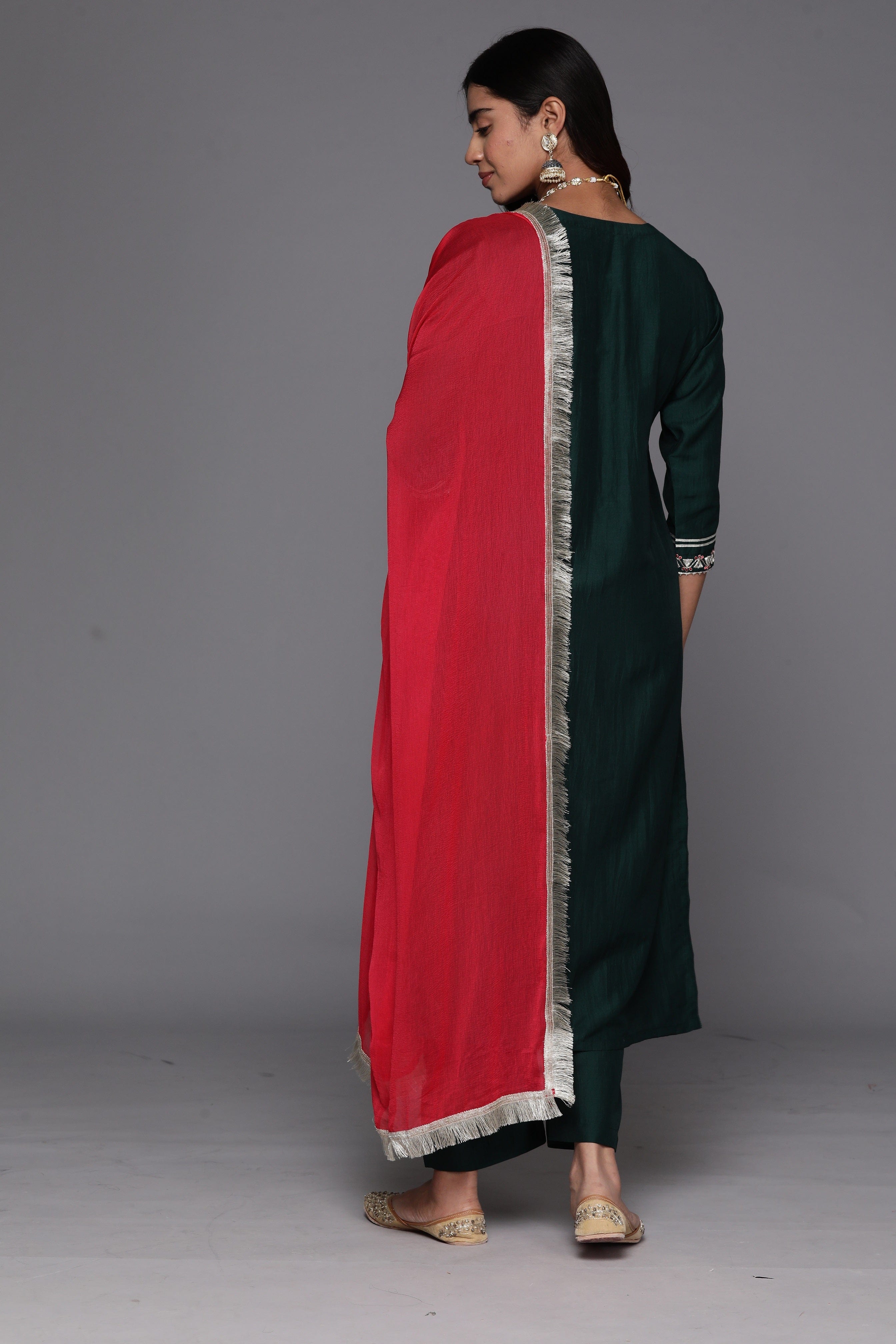Varanga Women Green Mirror Embellished Straight Kurta With Bottom And Contrast Dupatta