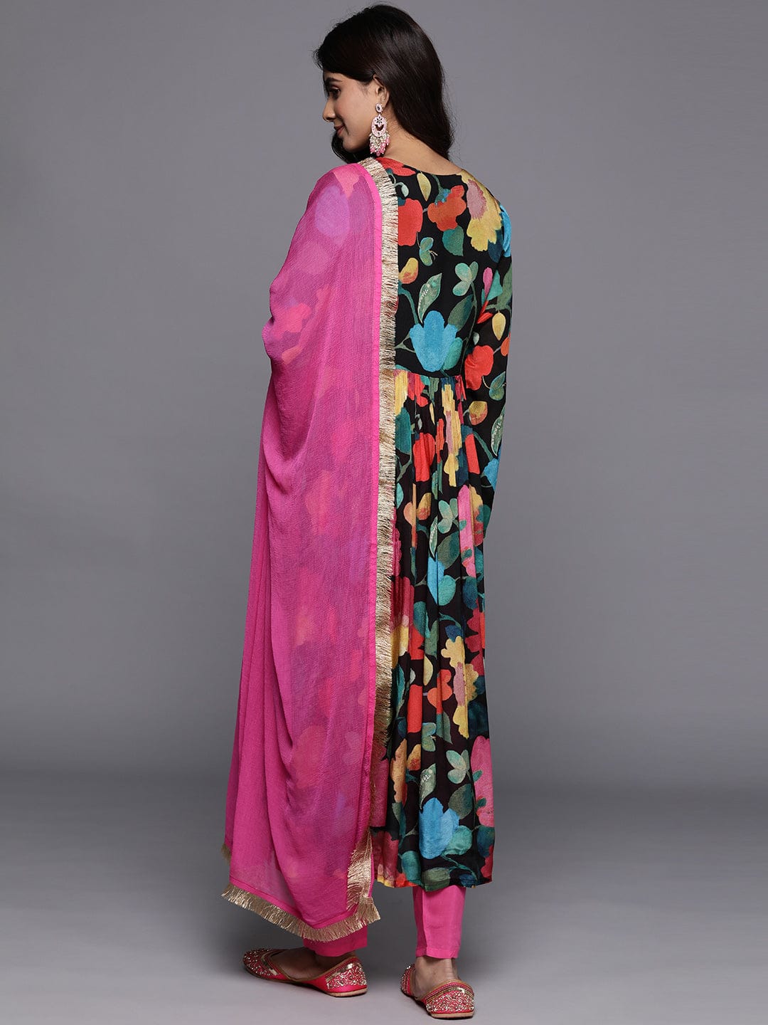 Varanga Women Black Floral Printed Pure Silk Chinon Embroidered Kurta With Bottom And Dupatta