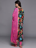 Varanga Women Black Floral Printed Pure Silk Chinon Embroidered Kurta With Bottom And Dupatta