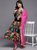 Varanga Women Black Floral Printed Pure Silk Chinon Embroidered Kurta With Bottom And Dupatta