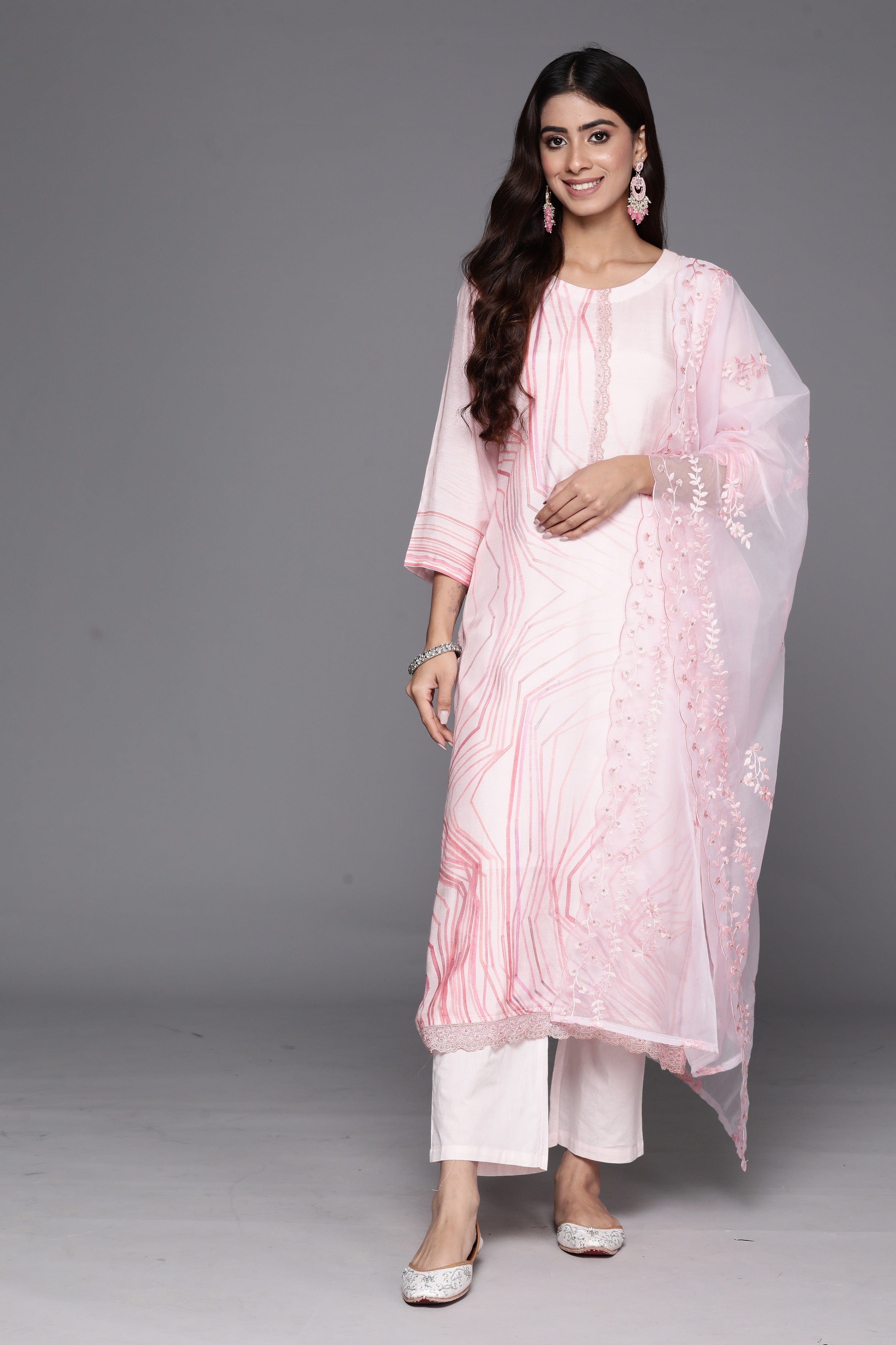 Varanga Women Pink Abstract Straight Kurta With Bottom And Organza Embroidered Dupatta