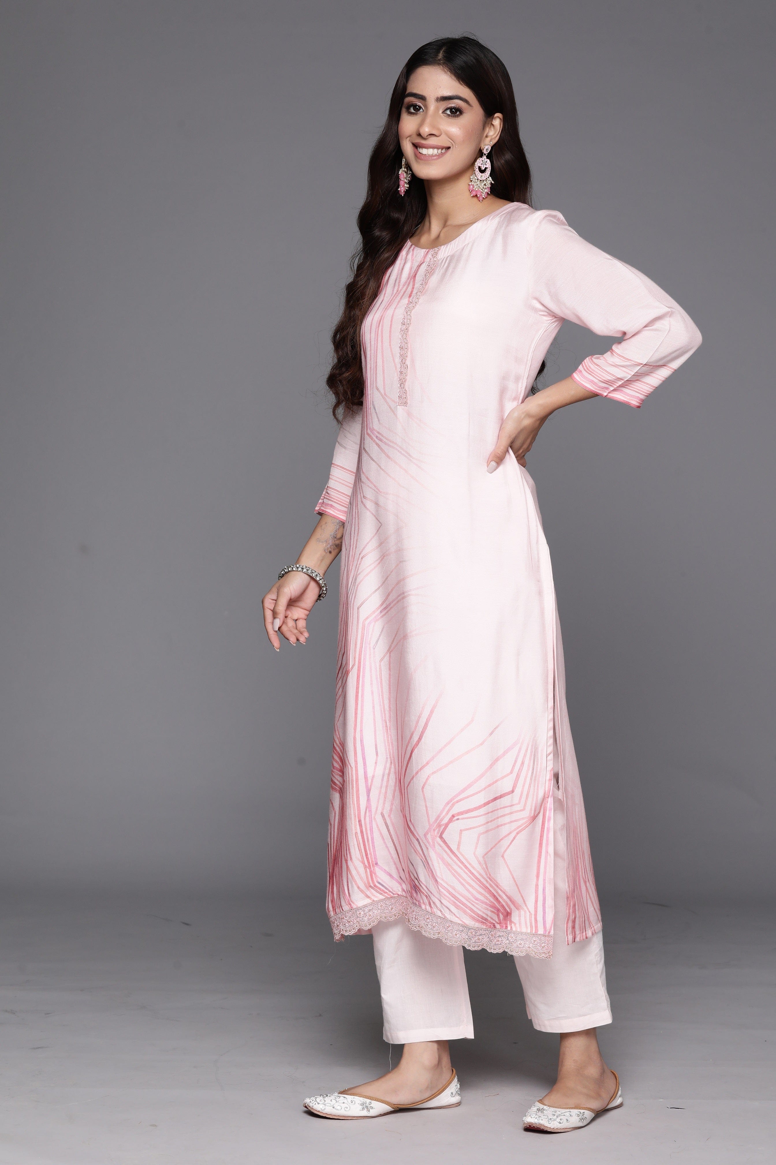 Varanga Women Pink Abstract Straight Kurta With Bottom And Organza Embroidered Dupatta