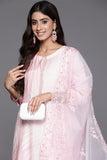Varanga Women Pink Abstract Straight Kurta With Bottom And Organza Embroidered Dupatta