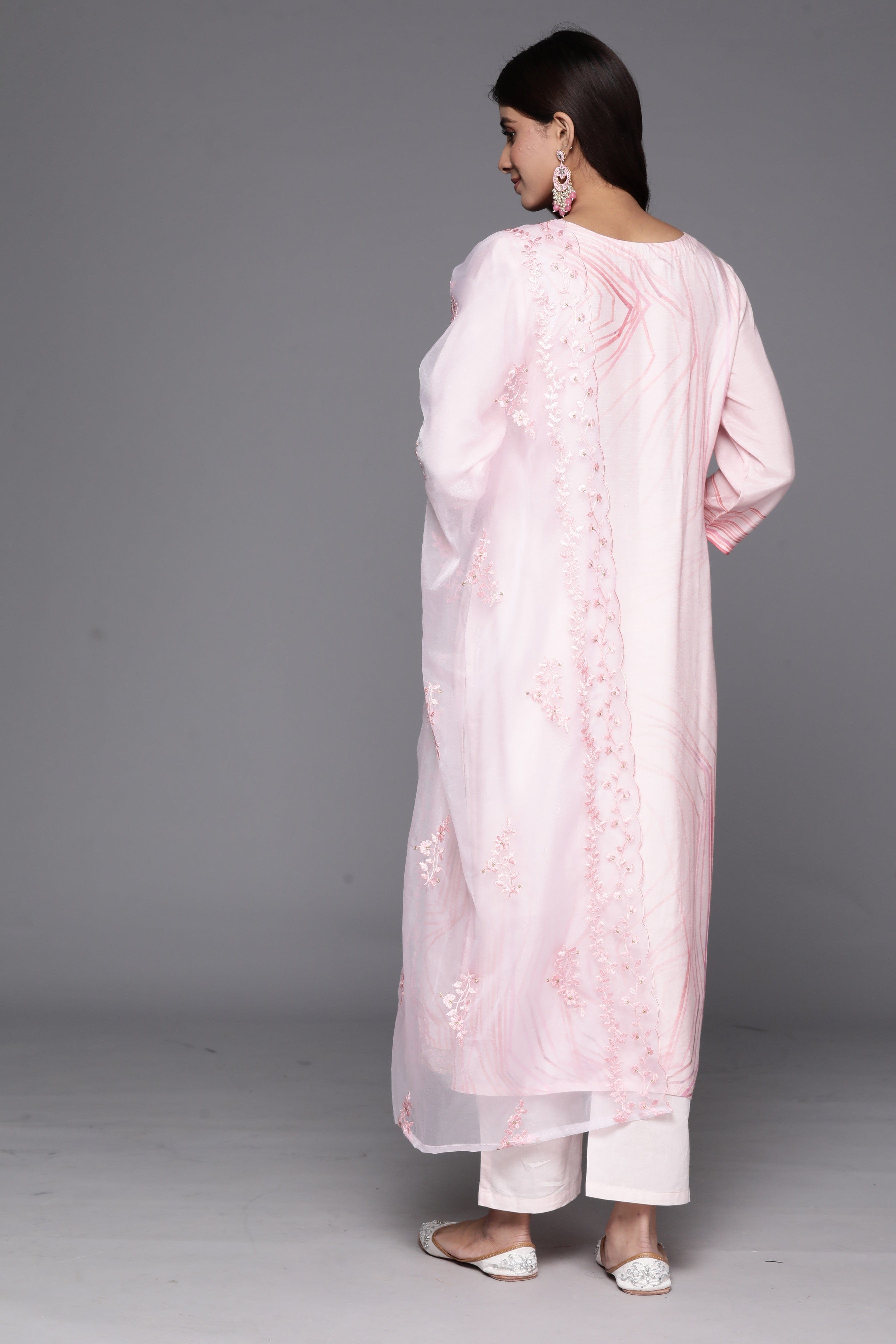 Varanga Women Pink Abstract Straight Kurta With Bottom And Organza Embroidered Dupatta