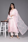 Varanga Women Pink Abstract Straight Kurta With Bottom And Organza Embroidered Dupatta