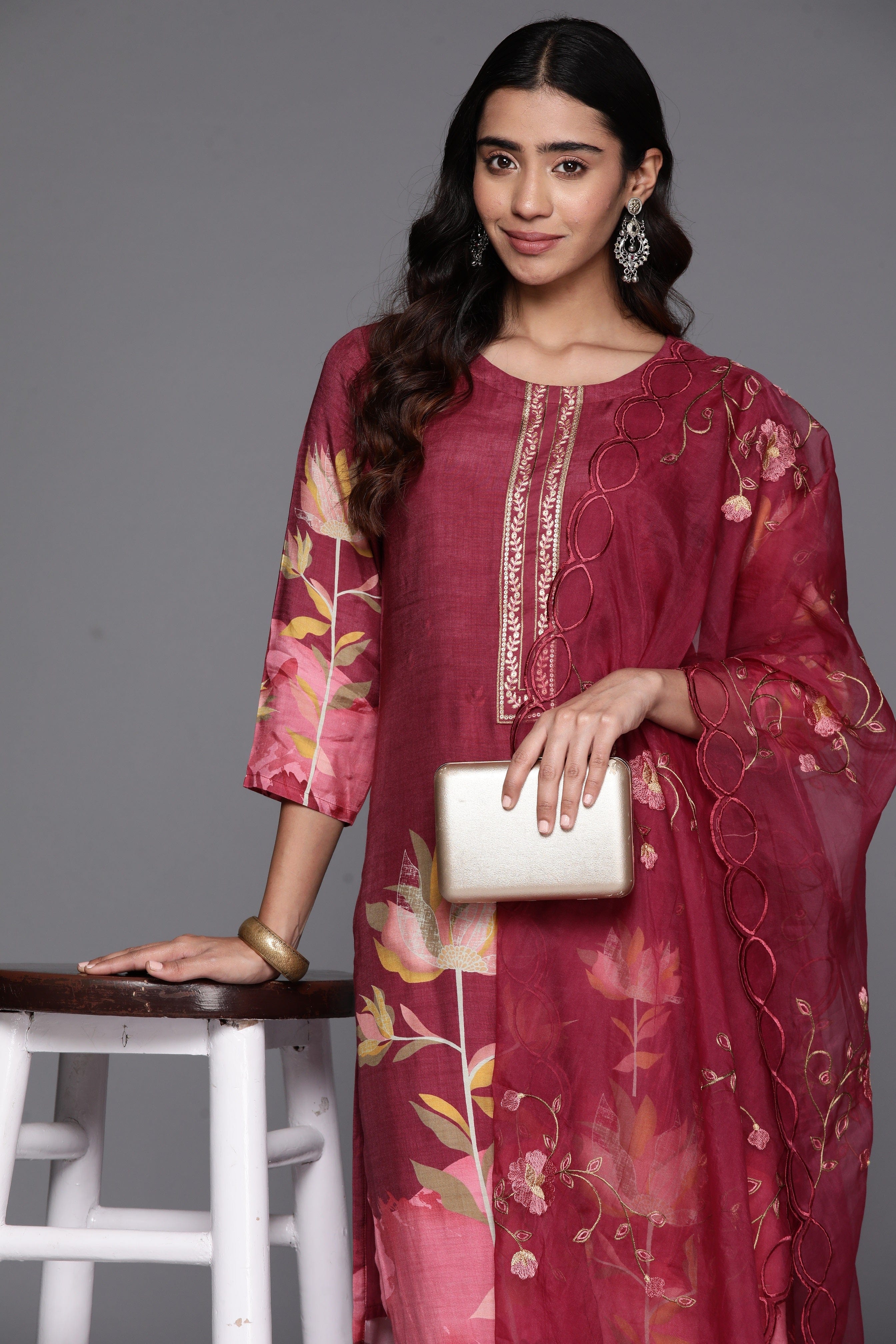 Varanga Women Pure Muslin Maroon Floral Printed Kurta With Bottom And Organza Dupatta