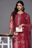 Varanga Women Pure Muslin Maroon Floral Printed Kurta With Bottom And Organza Dupatta