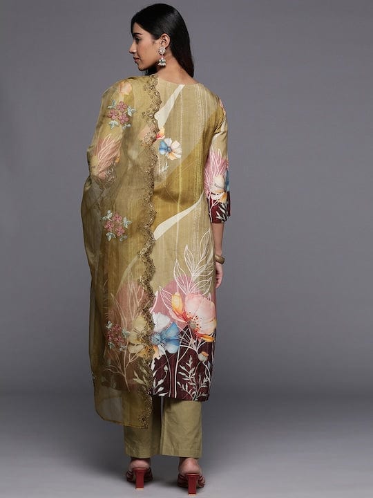 Varanga Women Olive Floral Printed Pure Muslin Straight Kurta With Bottom And Organza Embroidered Dupatta