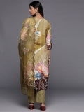 Varanga Women Olive Floral Printed Pure Muslin Straight Kurta With Bottom And Organza Embroidered Dupatta