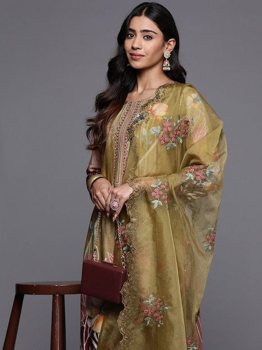 Varanga Women Olive Floral Printed Pure Muslin Straight Kurta With Bottom And Organza Embroidered Dupatta