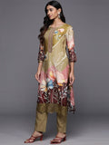 Varanga Women Olive Floral Printed Pure Muslin Straight Kurta With Bottom And Organza Embroidered Dupatta