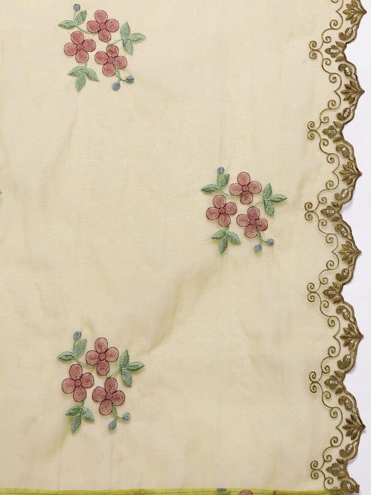 Varanga Women Olive Floral Printed Pure Muslin Straight Kurta With Bottom And Organza Embroidered Dupatta