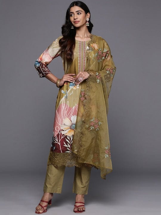 Varanga Women Olive Floral Printed Pure Muslin Straight Kurta With Bottom And Organza Embroidered Dupatta