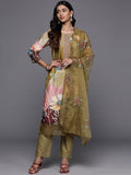 Varanga Women Olive Floral Printed Pure Muslin Straight Kurta With Bottom And Organza Embroidered Dupatta
