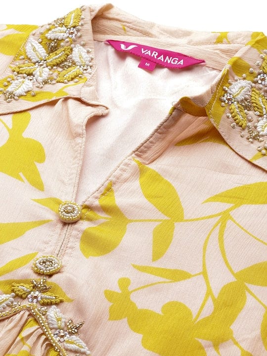 Varanga Women Cream And Yellow Floral Printed Beads Anarkali Kurta With Sharara And Dupatta