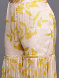 Varanga Women Cream And Yellow Floral Printed Beads Anarkali Kurta With Sharara And Dupatta