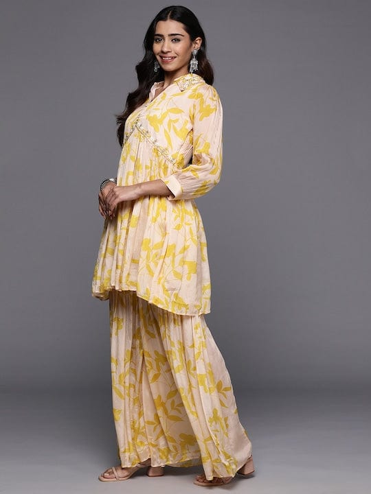 Varanga Women Cream And Yellow Floral Printed Beads Anarkali Kurta With Sharara And Dupatta