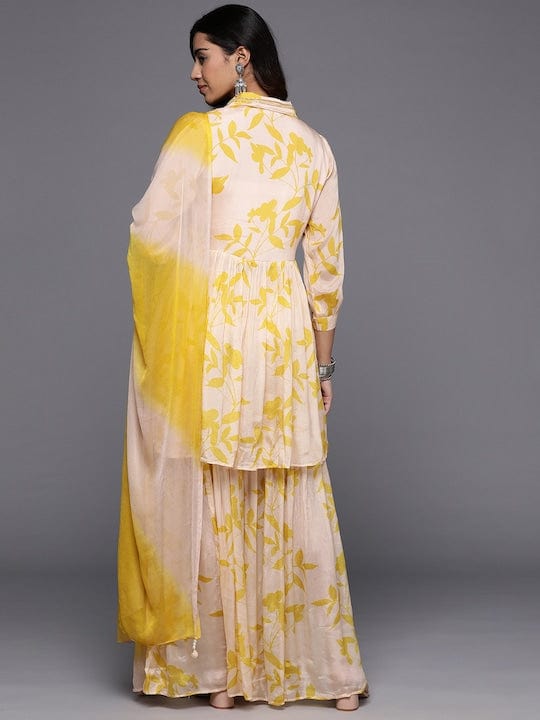 Varanga Women Cream And Yellow Floral Printed Beads Anarkali Kurta With Sharara And Dupatta