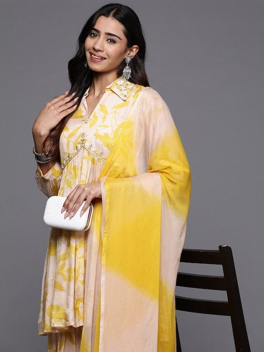 Varanga Women Cream And Yellow Floral Printed Beads Anarkali Kurta With Sharara And Dupatta